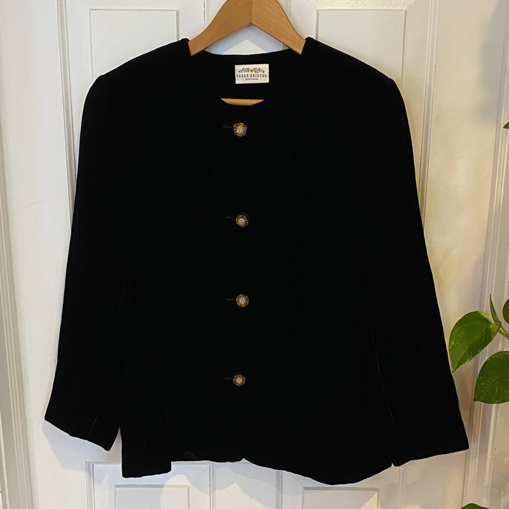 Susan Bristol Velvet black women’s jacket blazer gold pearl buttons elegant - Picture 3 of 14